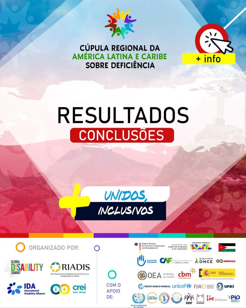 Estandarte da Cúpula Regional sobre Deficiência da América Latina e do Caribe. Título: Preparativos de planejamento. Lema: Unidos, Inclusivos. Botão de informações.